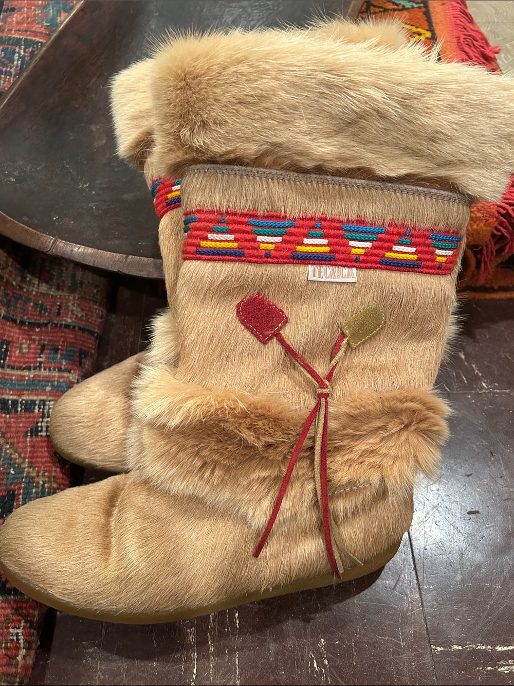 TeaNAK Fur-Trimmed Tan Winter Boots with Colorful Beaded Trim